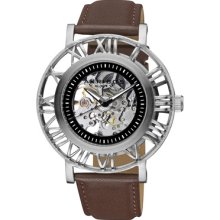 Akribos XXIV Watches Men's Silver Tone Skeletal Dial Brown Leather Bro