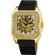 Akribos XXIV Watches Men's Automatic Gold Tone Skeletal Dial Black Lea