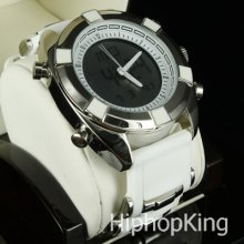 All White 24 Hour Hip Hop Watch Light Alarm Quartz Movement Jay Z Fashion