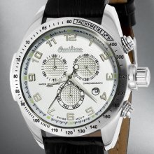 Amazing Swiss Chronograph - Omikron White Silver Dial- Real Black Leather Strap