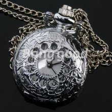 Antique Retro Silver Hollow Pattern Round Quartz Pocket Watch Necklace Chain