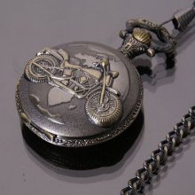 Antique Style Bronze Chain Vintage Motorcycle Pendant Gift Quartz Pocket Watch