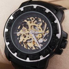 Auto Mechanical Mens Unique Wrist Watch Fashion Skeleton Black Number Frame Gift