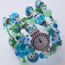 BEADED WATCH, Blue and Green, Wrap Watch, Adjustable Size, No Clasp