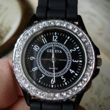 Black Beauty Rhinestone Dial Silicone Band Wrist Watch