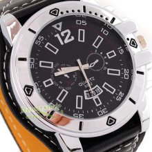 Black Cool Quartz Watch Deco Date Dial Leather Fashion Mens Gift