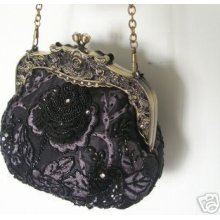 Black Grey Bead Embroidery Handbag Evening Bag