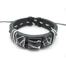 Black Leather Rope Cuff Bracelet Adjustable B033