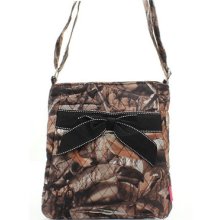 Black Natural Camouflage Quilted Messenger Cross Body Bag With Bow