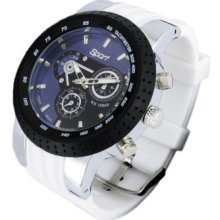 Black Number Bezel Blue Face Rubber Band Jumbo Watch Silver Men's