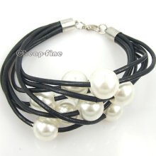 Black Slip White Man-made Pearl Genuine Leather Bracelet Bangle For Best Gift