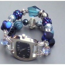 Blue And Silver Beaded Bracelet Watch Interchangeable And Stretchy