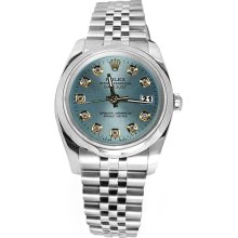 Blue diamond dial stainless steel watch smooth bezel jubilee rolex date just