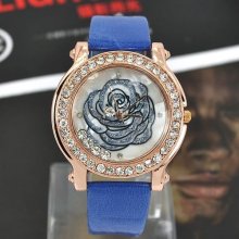 Blue Rose Flower Dangling Rhinestones Quartz Lady Wrist Watch Leather Wristband