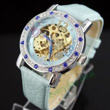 Blue Sky Leather Watch Skeleton Automatic Lady Crystal