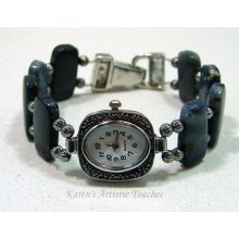 Blue Sodalite Gemstone Beaded Watch Bracelet Fold Over Magnetic Clasp