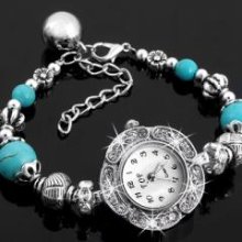 blue turquoise beads rhinestone bracelet bangle watch chic