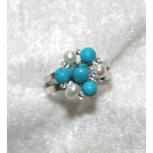 Blue Turquoise With White Freshwater Pearl Adjustable Ring