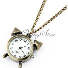 Bronze Alarm Clock Design Pendant Quartz Necklace Chain Pocket Watch Antique