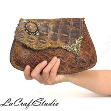 Brown Embossed Gator Print Genuine Leather Clutch with removable Chain