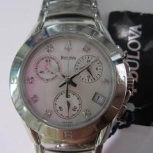 Bulova Japan Lady's Watch Chrono Diamond Mop Dial All Stainless.s Original