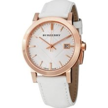 Burberry Ladies Rose Gold Oversized Check White Leather Strap Watch Bu9012