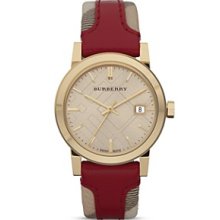 Burberry Women's Classic Leather Red Accent Gold Tone Calendar Watch Bu9111