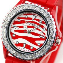 Candy Red Color Jelly Band Women Sprort Watch Crystal Bezel Stripe Dial Men