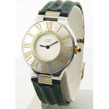 Cartier Cream Dial Green Band Womens Quartz Watch