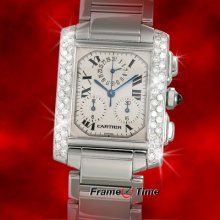 Cartier Men Tank Francaise Diamond Chronoflex Steel Chrono White Watch W51001q3