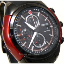 Citizen Men Eco Drive Chrono Black Ion Burgundy Rubber Band 100m Ca0287-05e