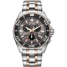 Citizen Mens Signature Series Eco-Drive Perpetual Calendar Alarm Chronograph Stainless Watch - Two-tone Bracelet - Gray Dial - BL5446-51H