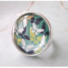 Cocktail Ring Japanese Silver Round in Chiyogami and Glass, adjustable, butterfly, butterflies spring