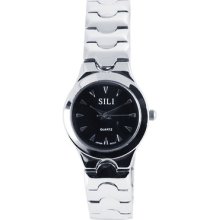 Concise Black Round Dail Slim Chain Stainless Steel Women't Boy's Wrist Watch