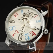 Cool Special Skeleton Automatic Mechanical Analog Clock Leather Men Wrist Watch