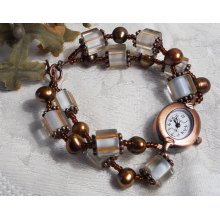 Copper Desert Ice - 2 Strand Cane Glass, Seed Beads and Copper Pearls Beaded Bracelet Watch