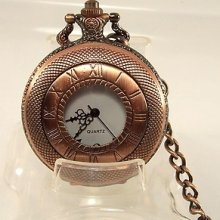 Copper-toned Hollow Case White Dial Mens/womens Pocket Watch With Chain