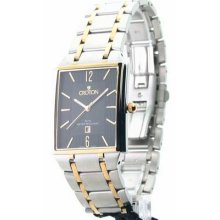 Croton Mens S.steel Ultra Thin Two Tone Date Watch Elegant Rectangle Black Face