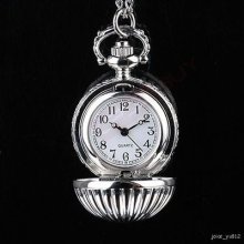 Cute Mini Silver Ball Shape Quartz Pocket Watch + Chain