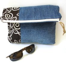 Denim clutch fold over clutch purse, recycled jeans, brown white color block