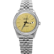 Diamond bezel champagne stick dial rolex date just SS jubilee watch