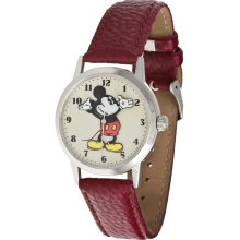 Disney by Ingersoll Unisex Classic Mickey Mouse Stainless Watch - Red Leather Strap - Graphic Dial - IND26162