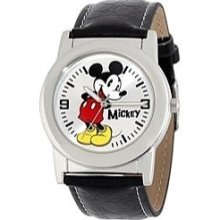 Disney Men's Mickey Mouse Black Leather Strap Watch