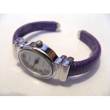 Eikon Deep Purple Simulated Snakeskin Leather Oval Face Cuff Band Watch