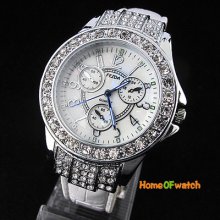 Elegant Bling Crystal Women Lady Girls Analog Quartz White Leather Wrist Watch