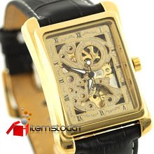 Elegant Square Auto Mechanical Leather Mens Gold Luxury Wrist Watch-Just Reduced - Stainless Steel - Gold