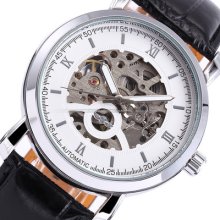 Elegant White Skeleton Dial Mens Automatic Mechanical Dress Leather Analog Watch