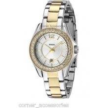 Es2880 Fossil Women Riley Silver Dial 2tones Band Crystals Date Watch