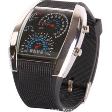 Fashion Aviation Speedometer Blue Led Wrist Watch Silver Dial Black