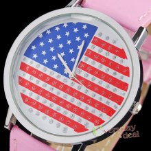 Fashion Blue Red Flag Stars Crystal Lady Womens Pink Band Wrist Watch Quartz